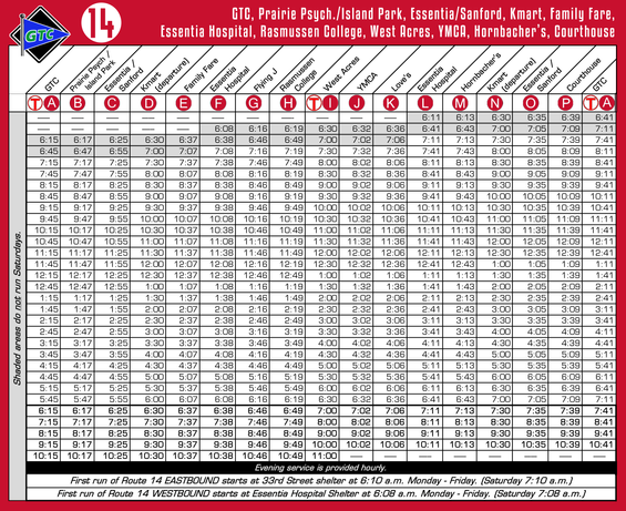 Route 14 Timetable - 8/1/18
