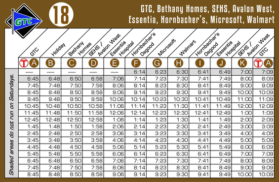 Route 18 Timetable - 8/1/18