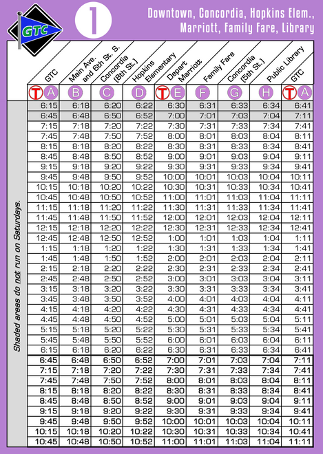 Route 01 Timetable 080118