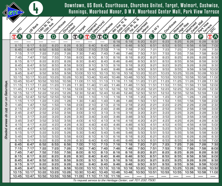 Route 4 Timetable - 8/1/18
