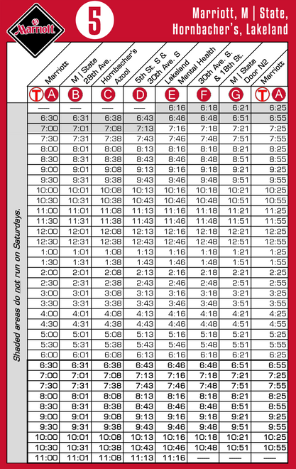 Route 5 Timetable - 8/1/18