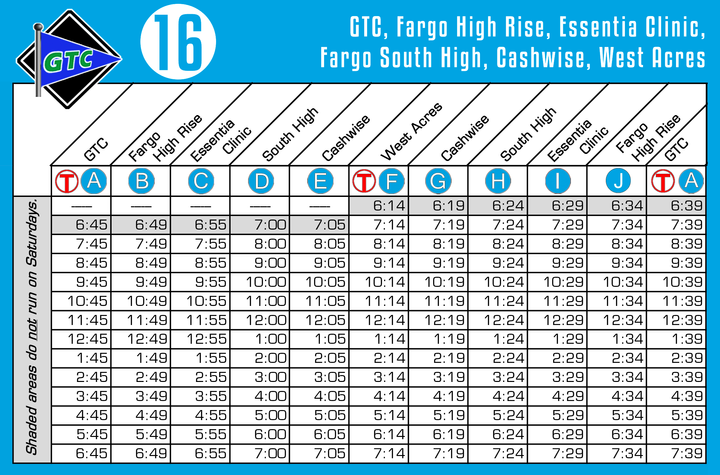 Route 16 Timetable - 8/1/18