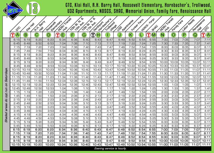 Route 13 Timetable - 8/1/18