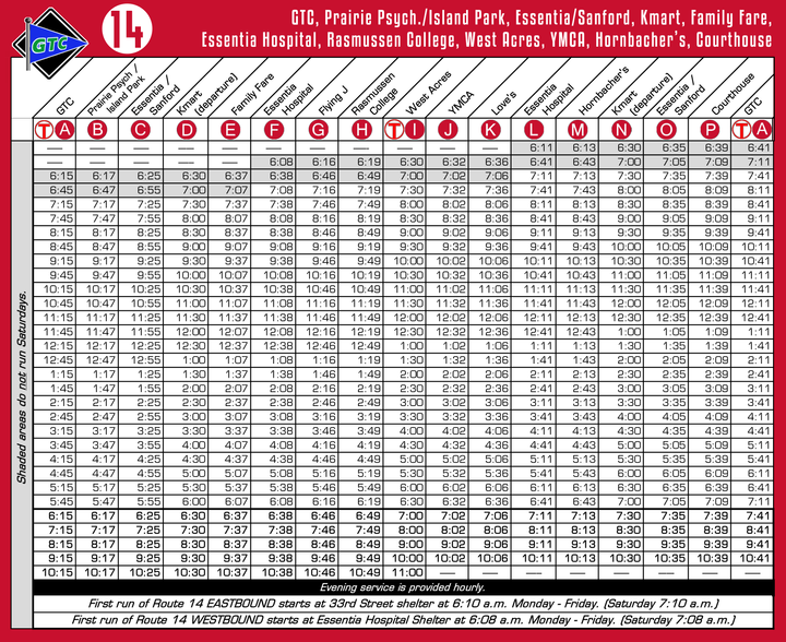 Route 14 Timetable - 8/1/18