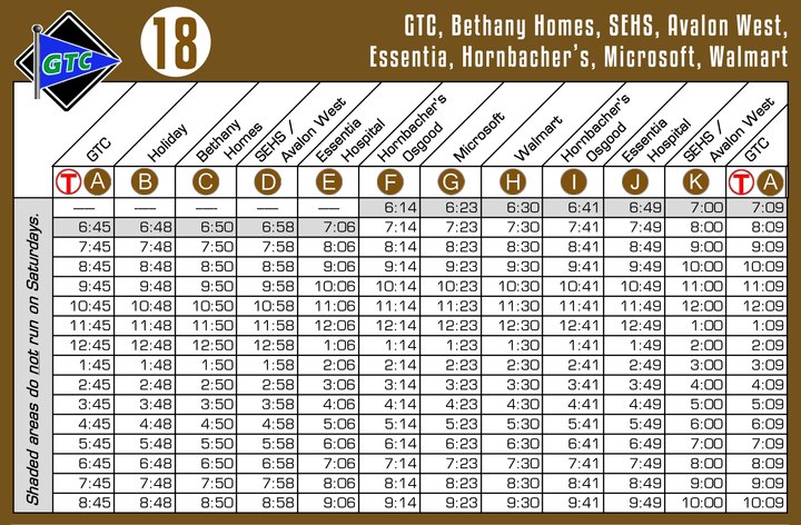 Route 18 Timetable - 8/1/18