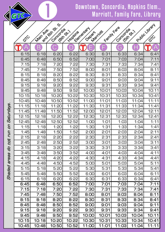 Route 01 Timetable 080118
