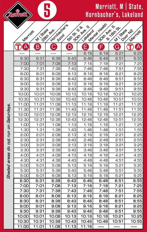 Route 5 Timetable - 8/1/18