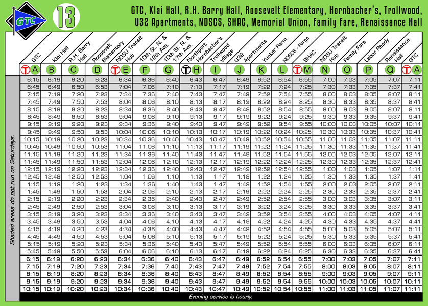 Route 13 Timetable - 8/1/18