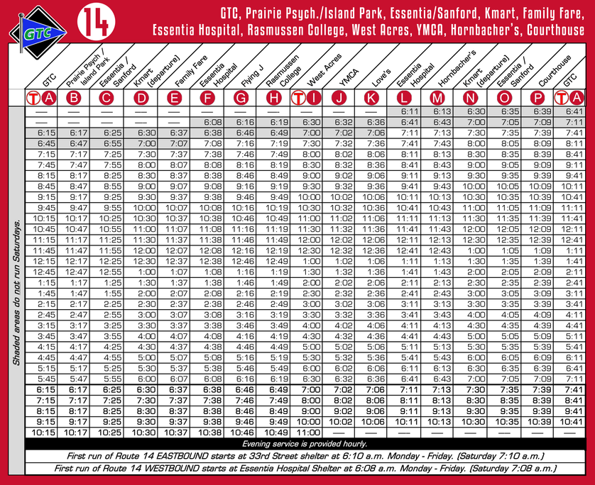 Route 14 Timetable - 8/1/18