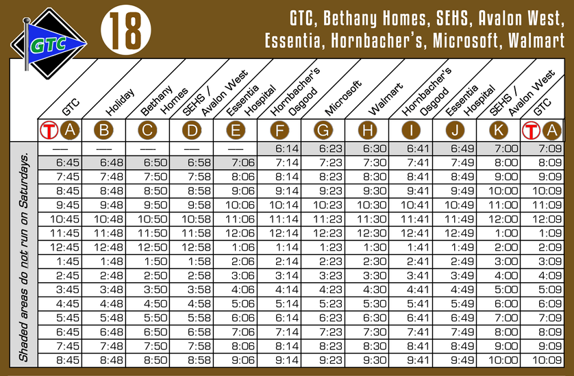 Route 18 Timetable - 8/1/18